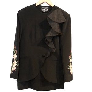 ANYA silk embroidered floral skirt suit black vintage size 8